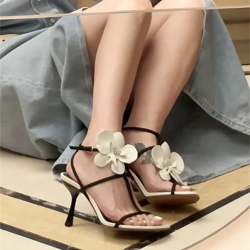 Womens Summer Fashion Floral Sexy Open Toe Stilettos PU Leather Elegant Slip On Party Dress Ladies Sandals 250515