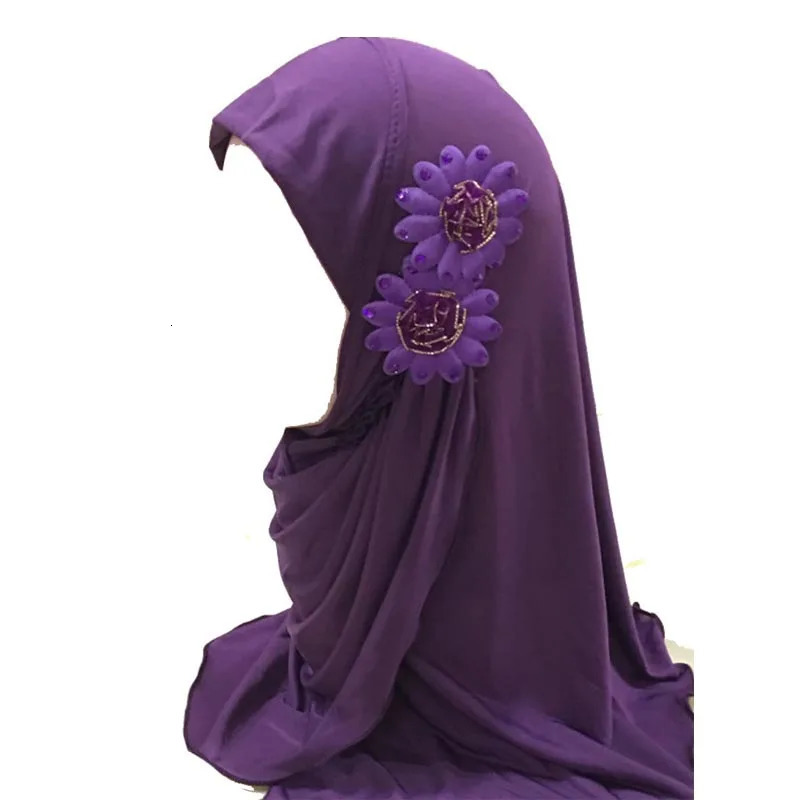 Muslim Hijab Floral Lace Head Scarf Islamic Arab Shawls Wrap with Flowers Rhinestones for Girls 250517