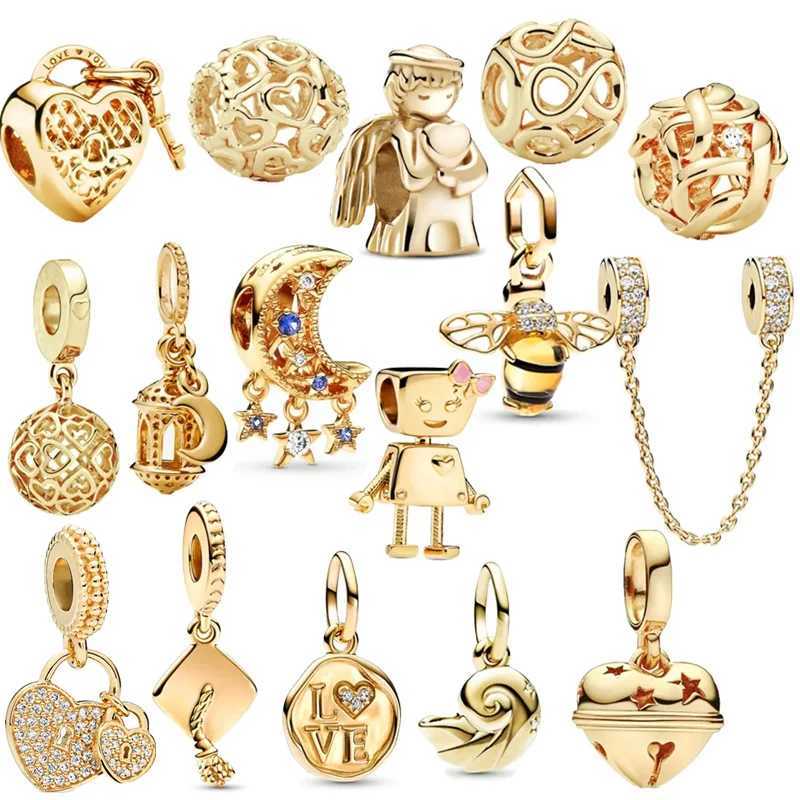 NEW Gold Plated Star Crescent Moon Charm Sparkling Bee Shell Dangle Bead Fit Original Silver 925 Bracelet DIY Jewelry GiftXJ250517