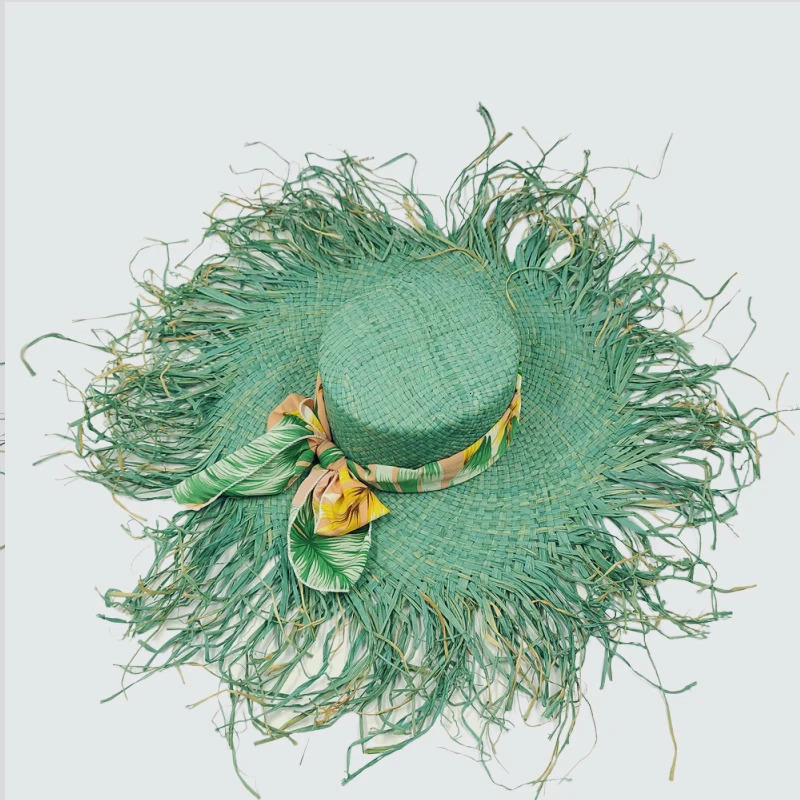 Fresh green wide brim hat hand-woven tassel straw hat ladies fashion sun hat natural raffia paper straw sun hat beach summer hat 250516