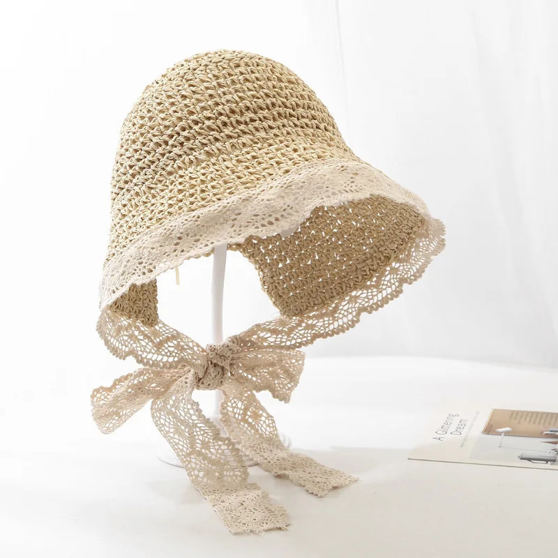 Womens Summer Lace Ribbon Straw Panama Hat Anti-UV Woven Cap with Ponytail Holder Sunshade Beach Outdoor Visor 250516