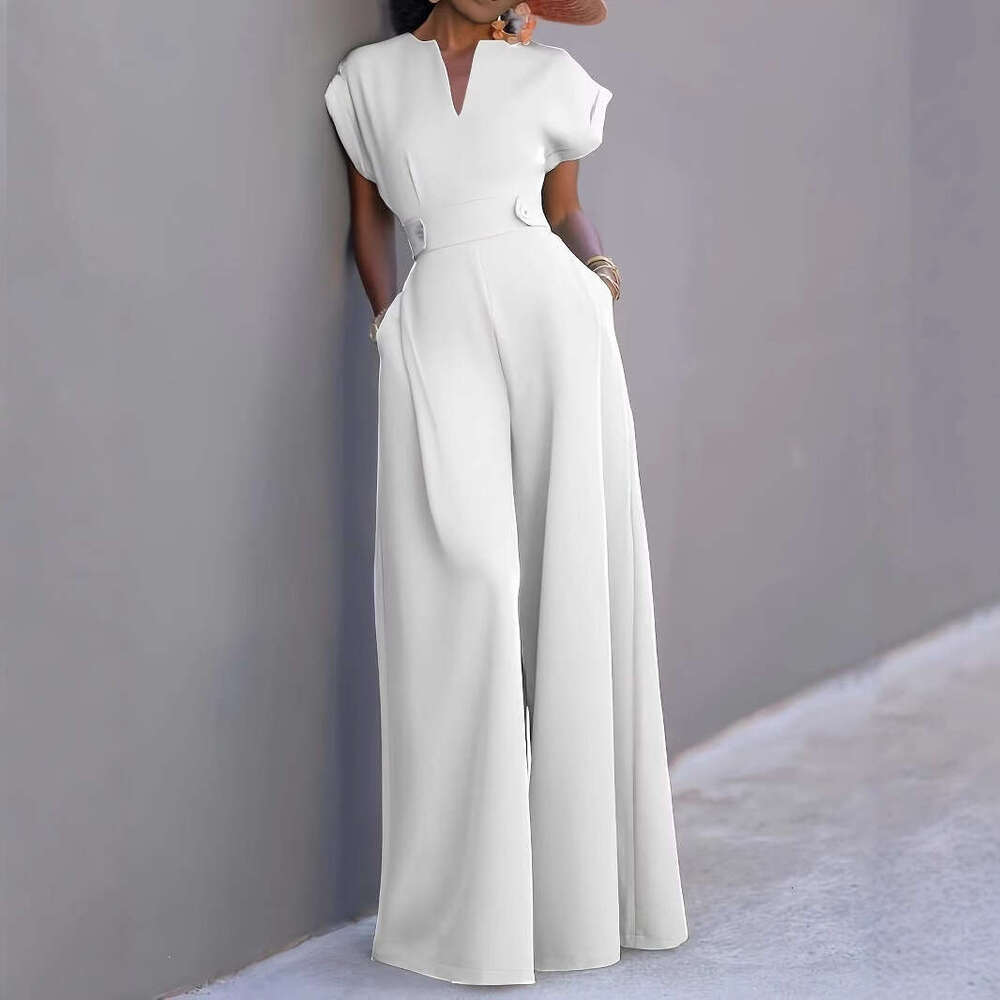 Wide Leg Jumpsuit Women S New Style Stylish Solid Color Half Open Collar High Waist Wide Leg Sleeveless Jumpsuit