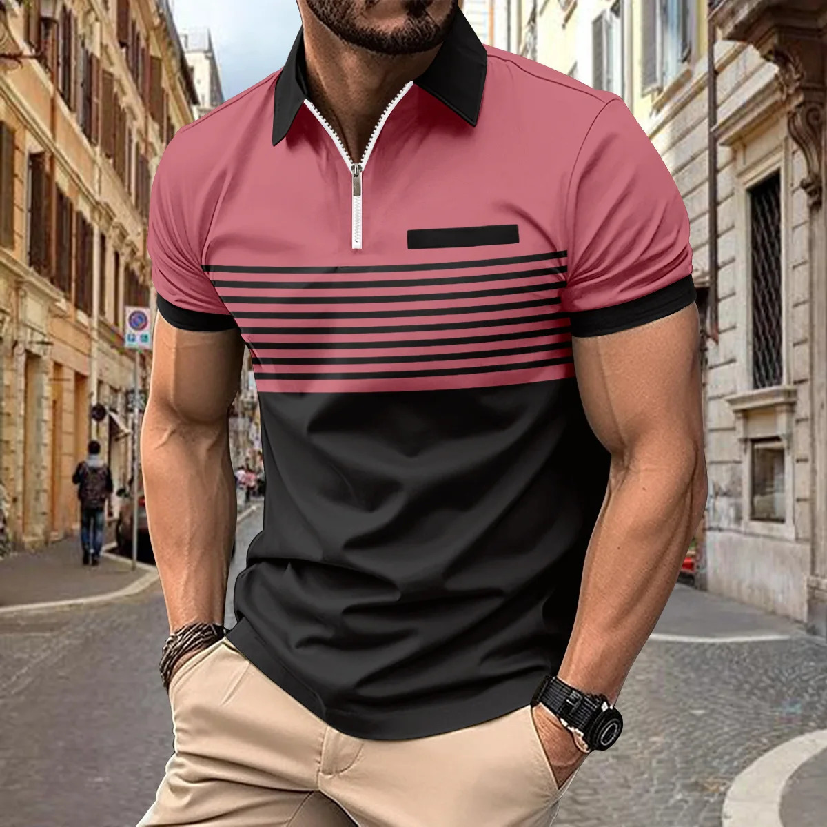 INS SpringSummer POLO Shirt Mens Zipper Printed Stripe Leisure Sports Muscle Fitness Polo Top 250506Z
