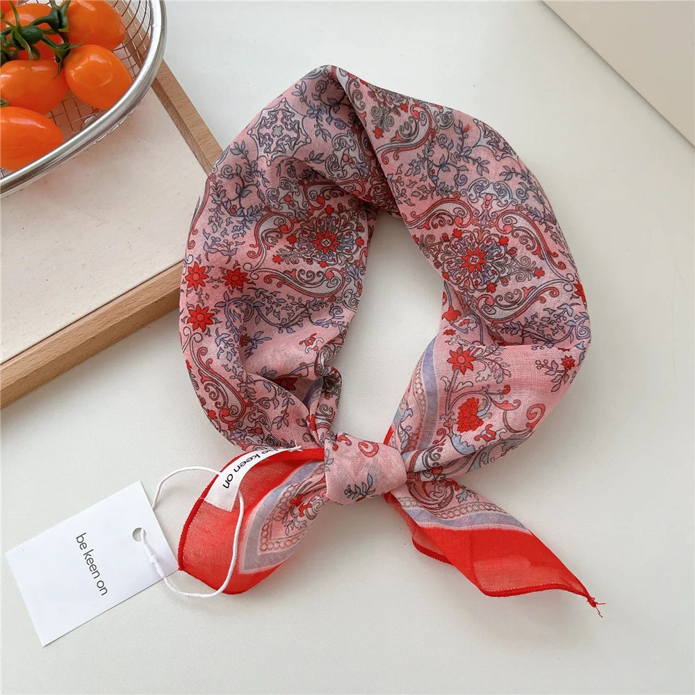 55cm Girls Cotton Linen Ladies Square Scarf for Women Korean Chic Headband Fashion Decorative Hairband Floral Scarf Accessorries 250516