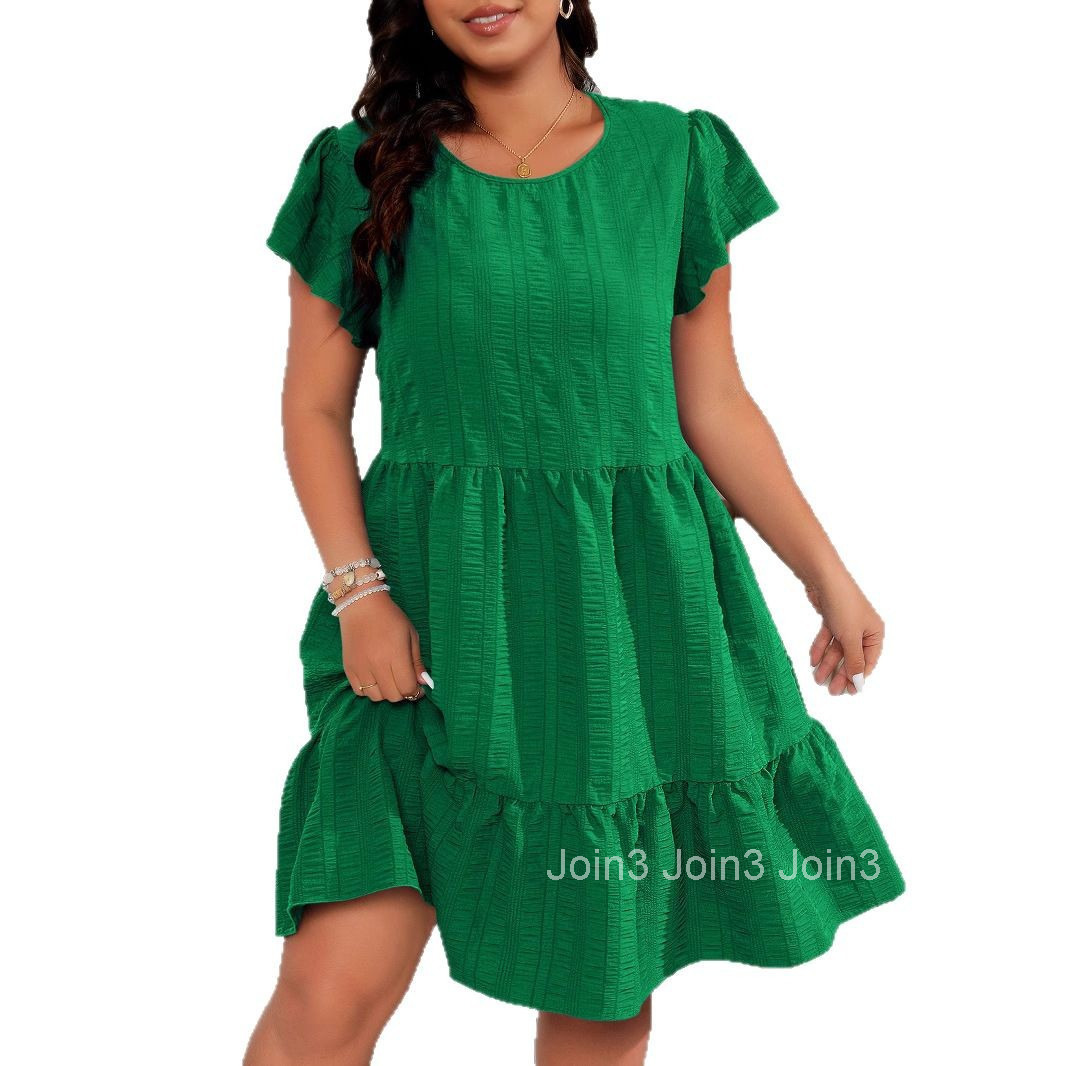 Large Round Neck Ruffle Sleeves Waist Cinching Vacation Casual Temperament Dress
