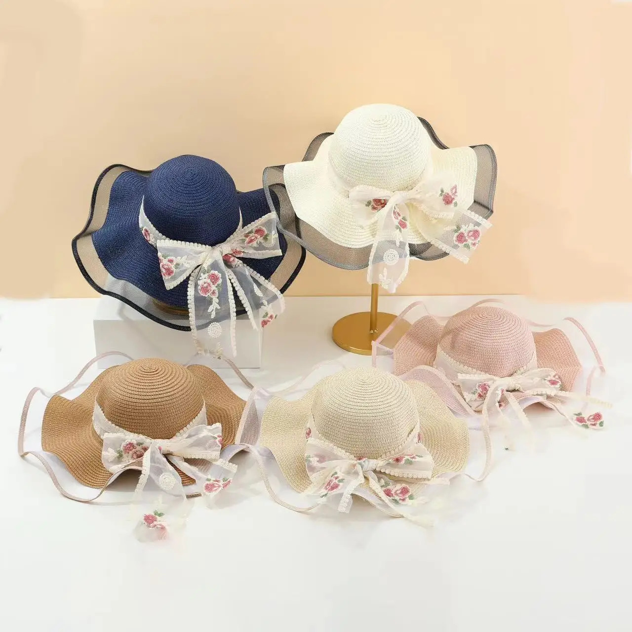 French Style Womens Straw Sun Hat Spring Summer Beach Foldable Big Brim Lace Bow Detail Travel Hat for Girls 250516