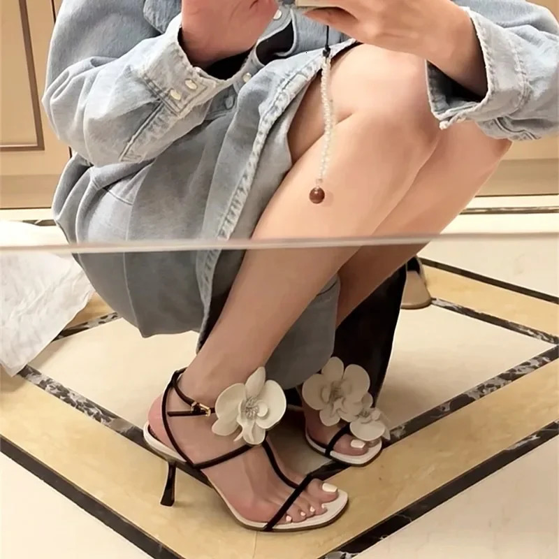 Womens Summer Fashion Floral Sexy Open Toe Stilettos PU Leather Elegant Slip On Party Dress Ladies Sandals 250515