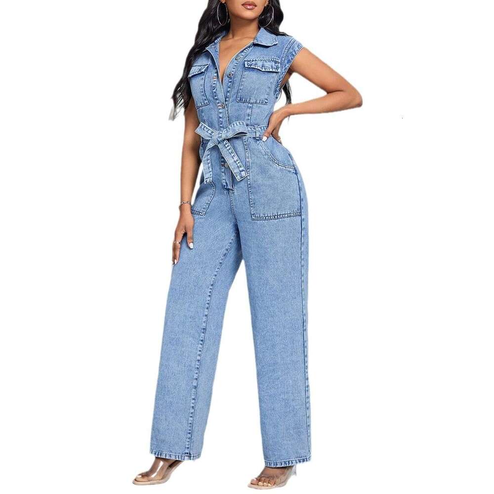 Wide Leg Jumpsuit New Women S Slim Fit Waist Cinching Lace Up Fashionable Patchwork Washed Sleeveless Denim Jumpsuit Pants