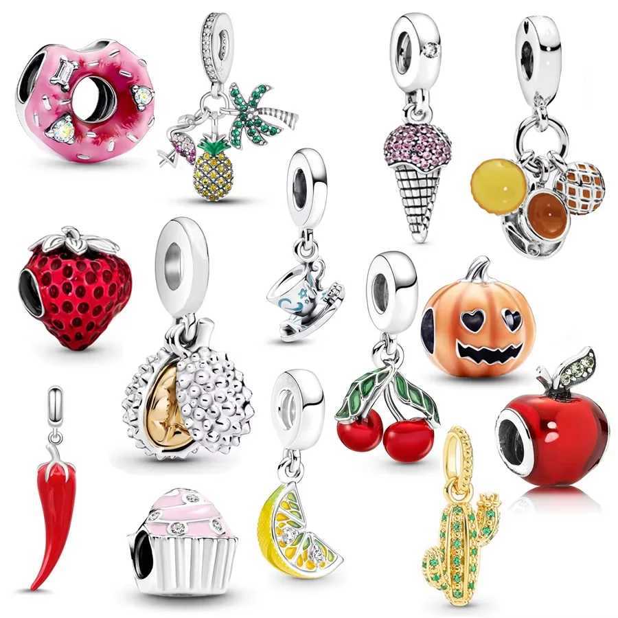 NEW Fruit Sterry Cherry Durian Bubble Tea Dangle Charm Bead Fit Original 925 Sterling Silver Bracelet Fine JewelryXJ250517