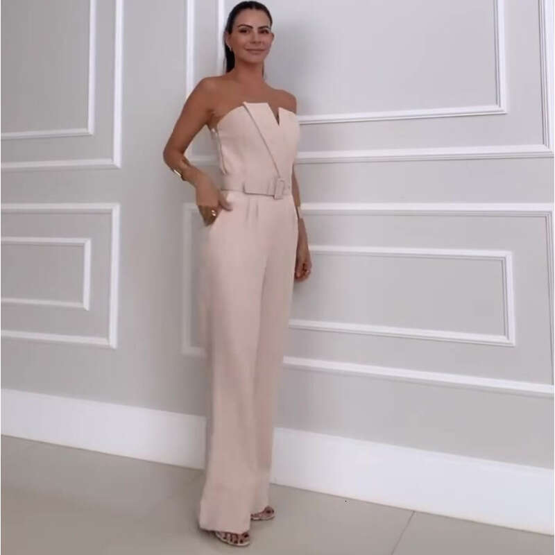 Wide Leg Jumpsuit Summer New Fashion Strapless Waist Cinching Solid Color Wide Leg Jumpsuit Women S Clothing