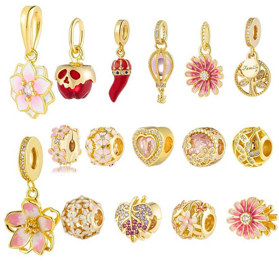 Gold Plated DIY Europeans Jewelry Charm Pink Hot Air BalloonCherry Blossom Dangle Bead Fit Original Silver 925 Women BraceletXJ250517