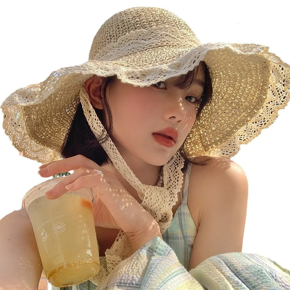 Lace lace beach hat straw hat with curled edges and hollowed out Lafite sun hat large brim 250516