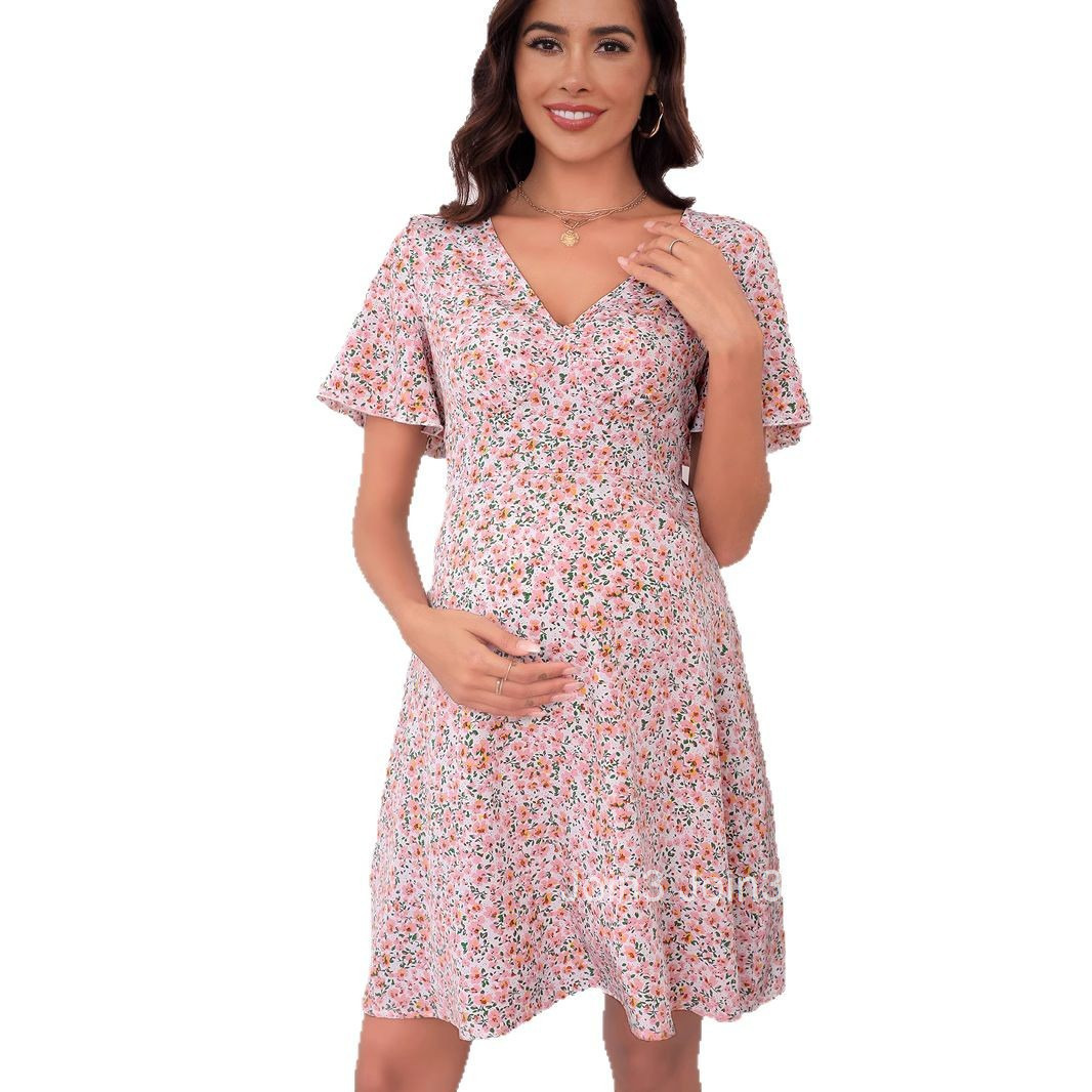 Pregnant Womens Summer New Chiffon Printed Ruffle Edge Dress French Tea Break Skirt Lace Up Short Skirt