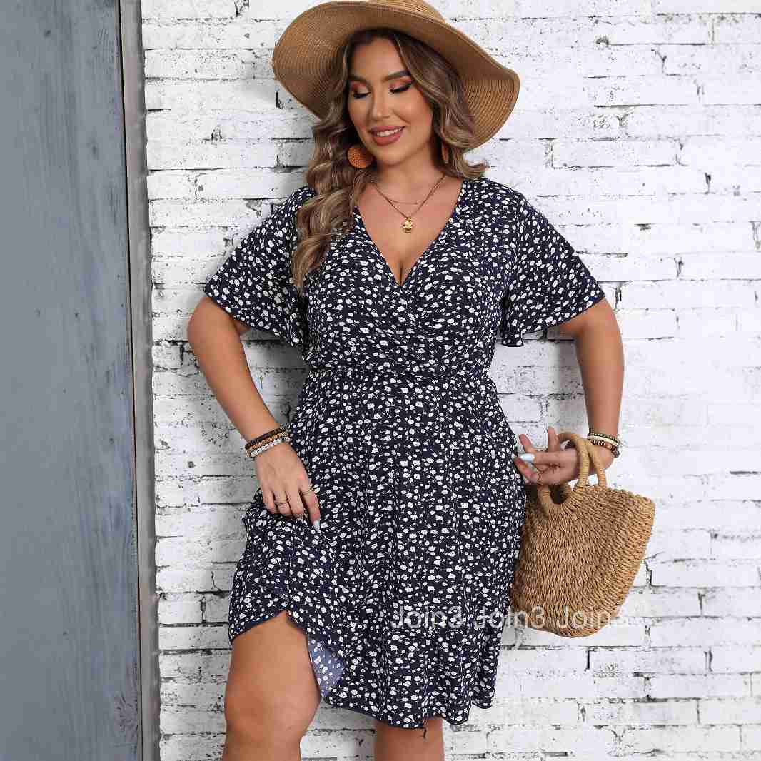 Large Size Womens Sun Dress Summer Floral Short Sleeved Wrapped V-neck A-line Dress