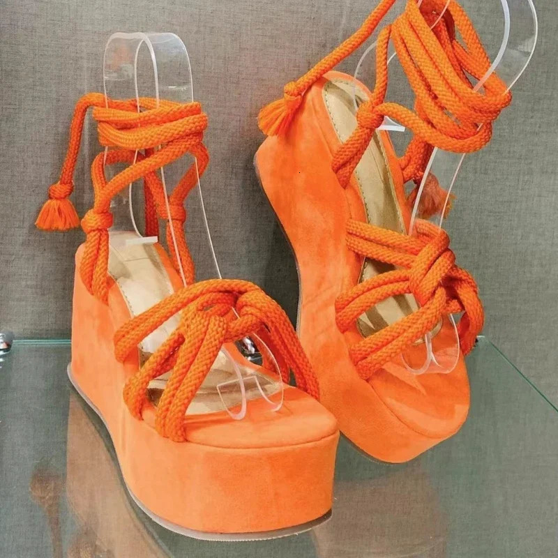 Platform Wedge Strappy Sandals Women Fashion Round Toe Cross Tied Height Increase Open Toe Women Sandals 250515