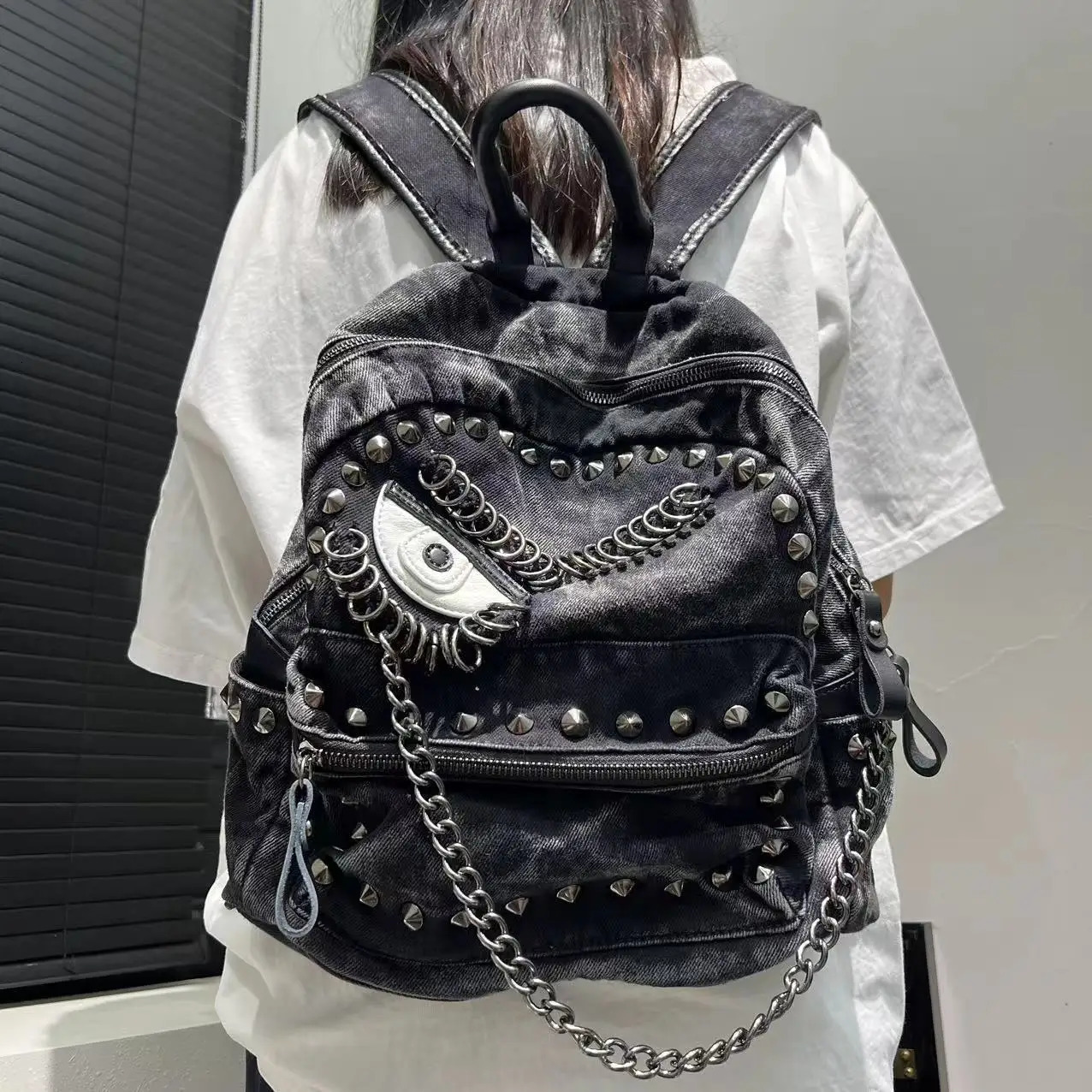 Womens Fashion Steampunk Denim Backpack Large Capacity Rivet Chain Shoulder Handbag 250514
