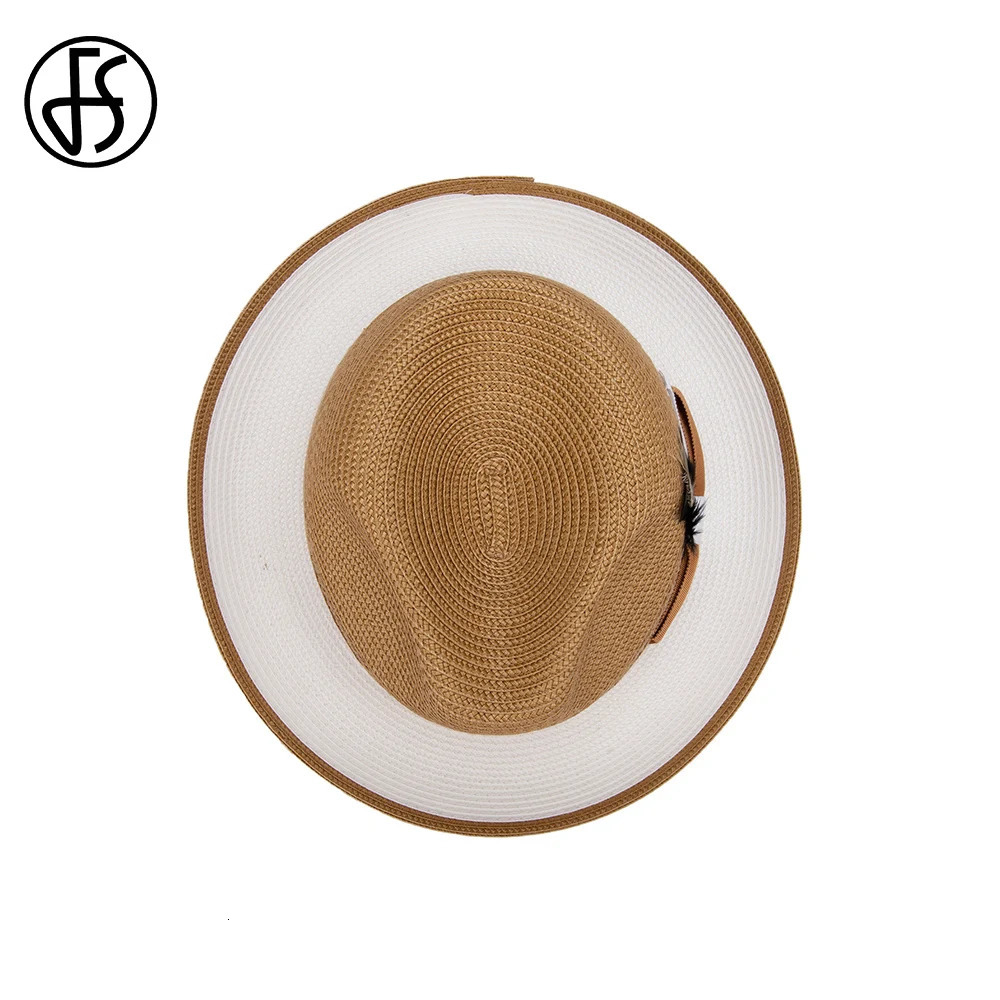 FS 2025 Spring Summer Khaki Cowboy Hats For Men With Feather Decorative Rolled Brim Jazz Panama Hat Gentleman Gangster Black Cap 250516