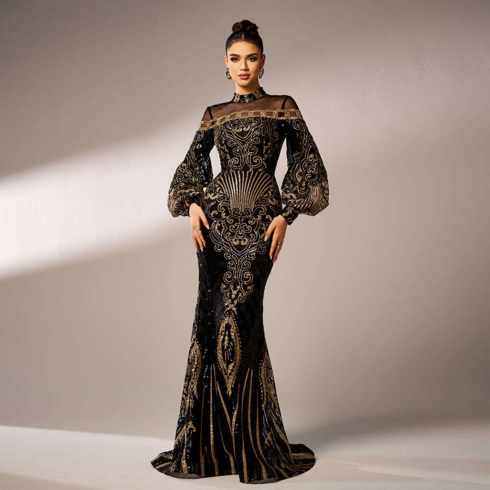Maxi Dress New Sleeved Round Neck Long Sequined Banquet Mesh Fishtail Evening Bridesmaid Women S Dress KQ