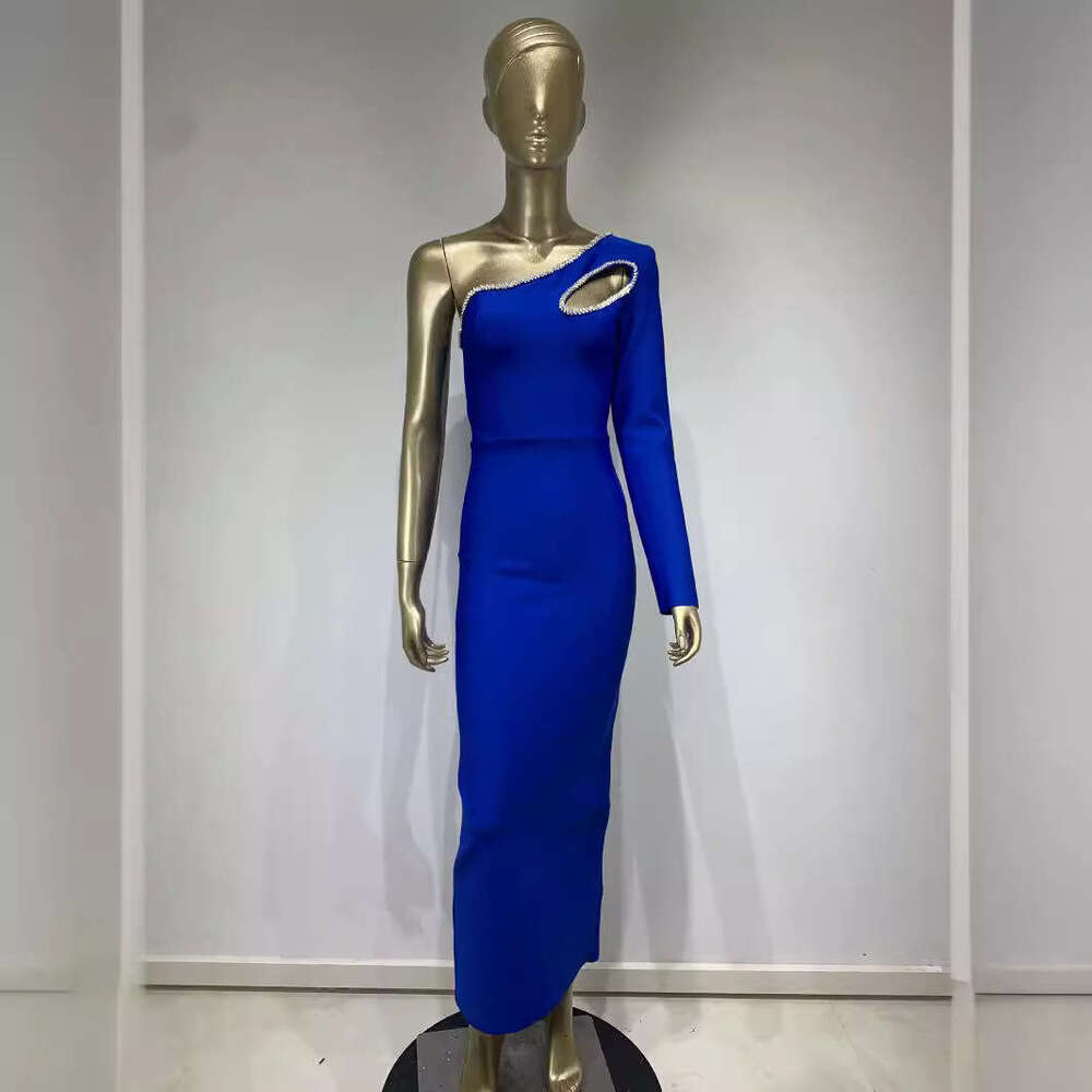 Maxi Dress New Bandage Blue Single Shoulder Long Sleeve Diamond Banquet Party Dress KQ