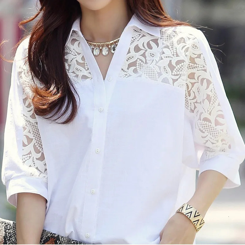 Sexy Lace Patchwork White Chiffon Button Up Shirt for Women Summer Casual Simple Loose Half Sleeve Ladies Tops Blouses Clothing 250516Z