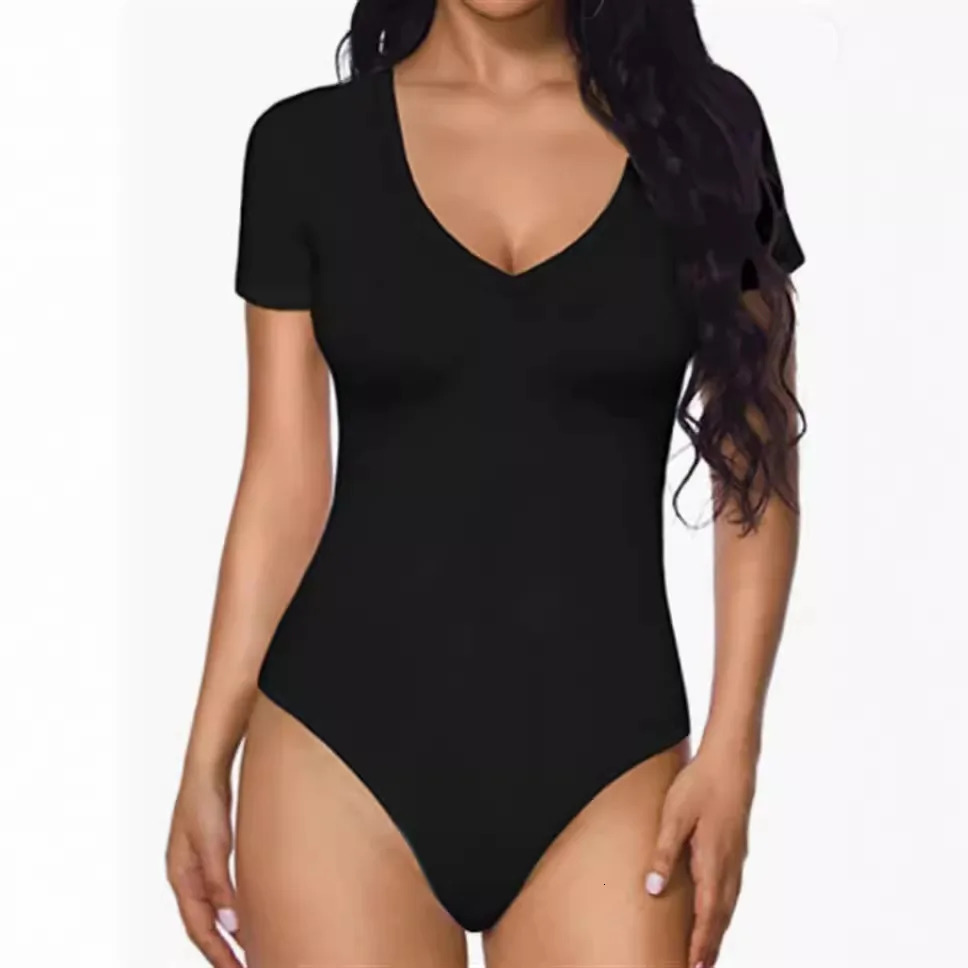 Bodysuit Women Sexy Slim Short Sleeve Bodycon Jumpsuit V Neck Rompers Overalls Body Shapers 2024 250517