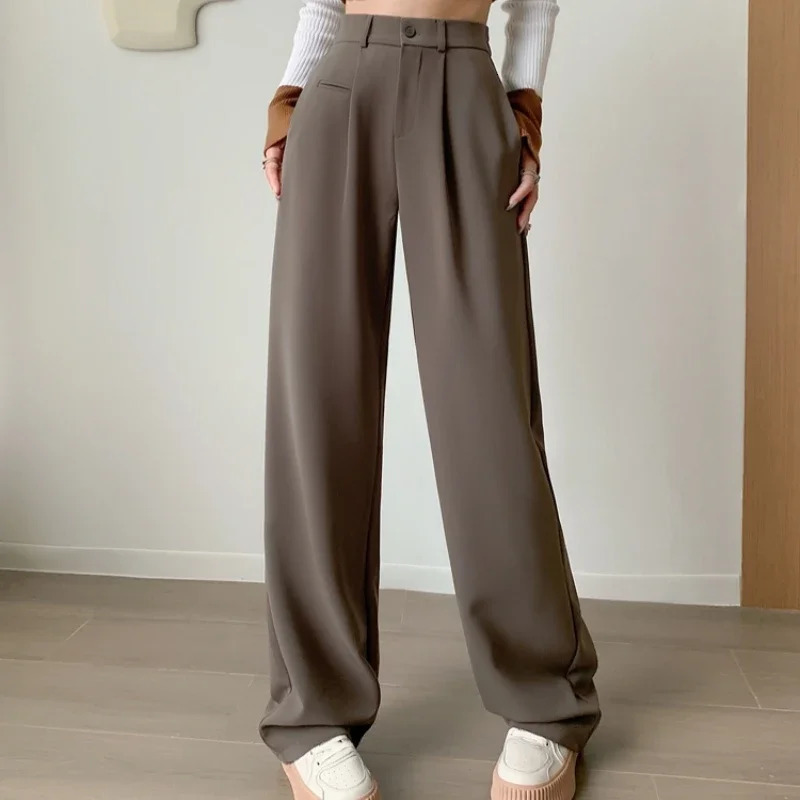 SpringSummer Retro Grey Womens Wide Leg Pants High Waist Casual Loose Straight 250506