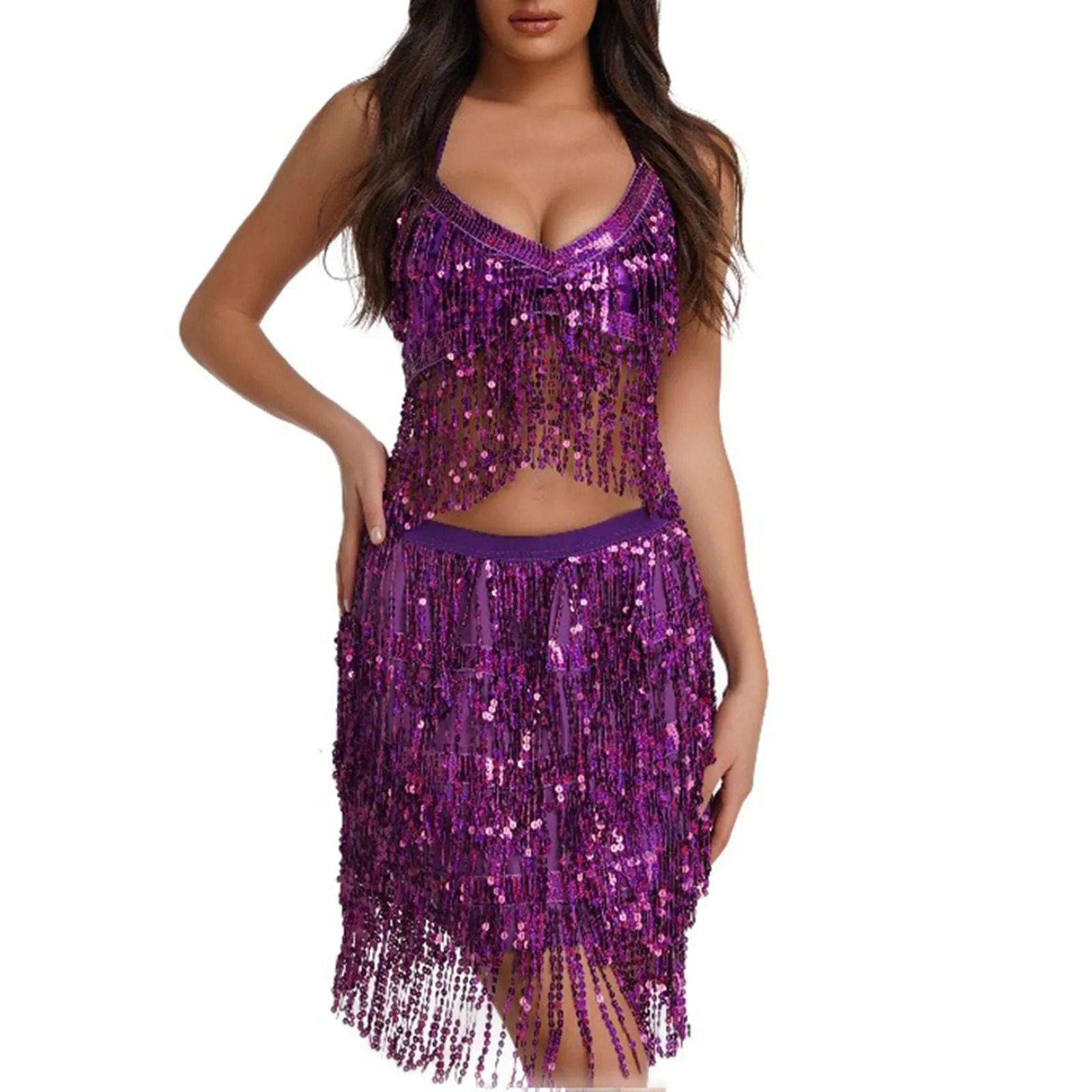 Sexy Sequins Draped Details Two Pieces Sets Y2k Fashion Shiny Women Halter Crop Top Tassel Mini Skirt Female Skirts Set 250516