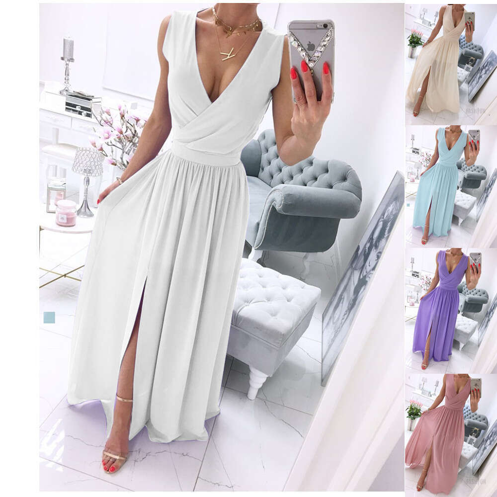 Maxi Dress Summer New Sleeveless Solid V Neck Dress Women S Wear KQ