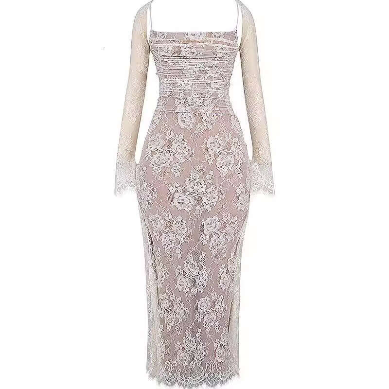 Maxi Dress Lace High End Creamy White Long Dress Mesh Slim Fit Sexy Women S Clothing Formai Dress