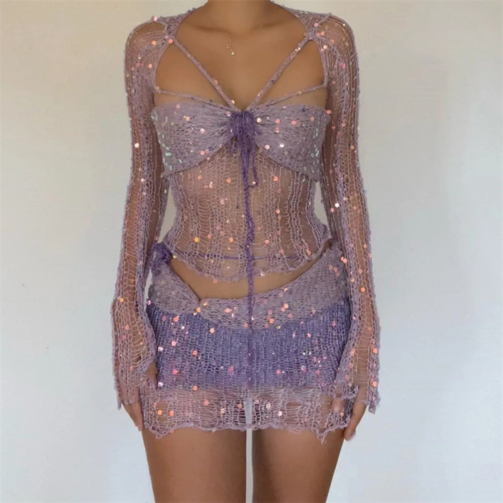 Sexy Crochet Knitted Sequins Dress 2 Piece Skirt Sets Elegant Knit Crop Tops Mini Skirts Hollow Out Two Piece Set Women Outfits 250516