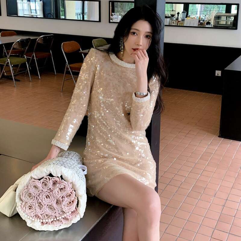 Maxi Dress Wealthy Heiress Champagne Colored Sequin Embroidered Handmade Nail Bead Long Dress Evening Gown Spring New Product KQ