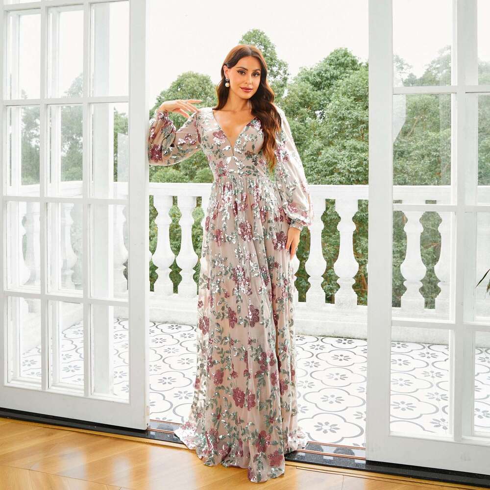 Maxi Dress High End Temperament Sleeved V Neck Long Sequin Banquet Grand Display Evening Bridesmaid Women S Dress KQ