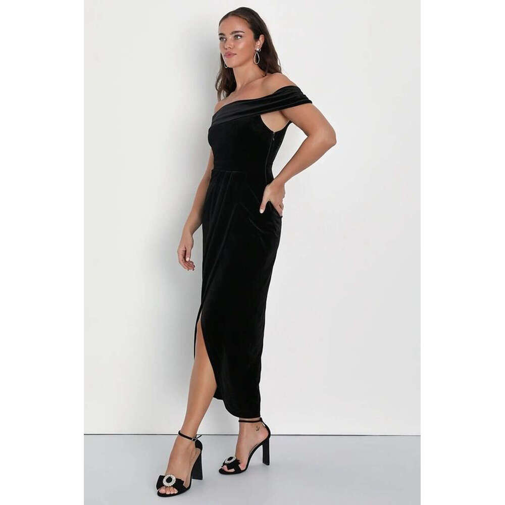 Maxi Dress Velvet New Ins Style Elegant One Shoulder Split Dress Formai Dress