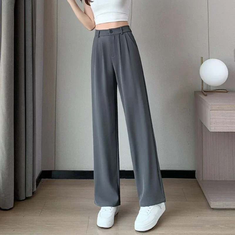 2025 Spring Summer Lady High Waisted Suit Fabric Pant Comfortable Straight Leg Trousers Girls Korean Concise Baggy Slacks 250506