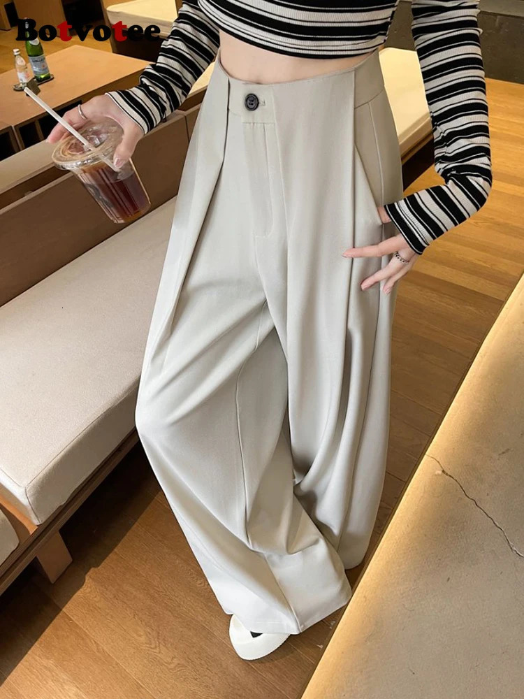 Botvotee womens white suit pants elegant office front pleated dress fashionable wide leg straight black formal mens style 250506