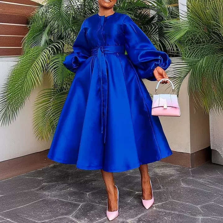 Maxi Dress BN Women S Autumn Winter New Solid Color Bright Face Loose Button Lantern Sleeve Dress KQ