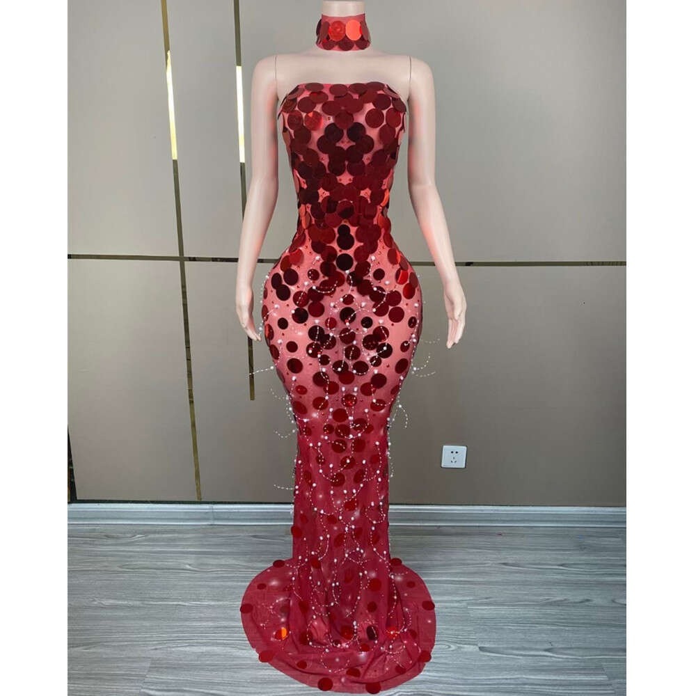 Maxi Dress Evening With Large Sequins And Studded Beads Totaling Socialite Party Choker Dress KQ