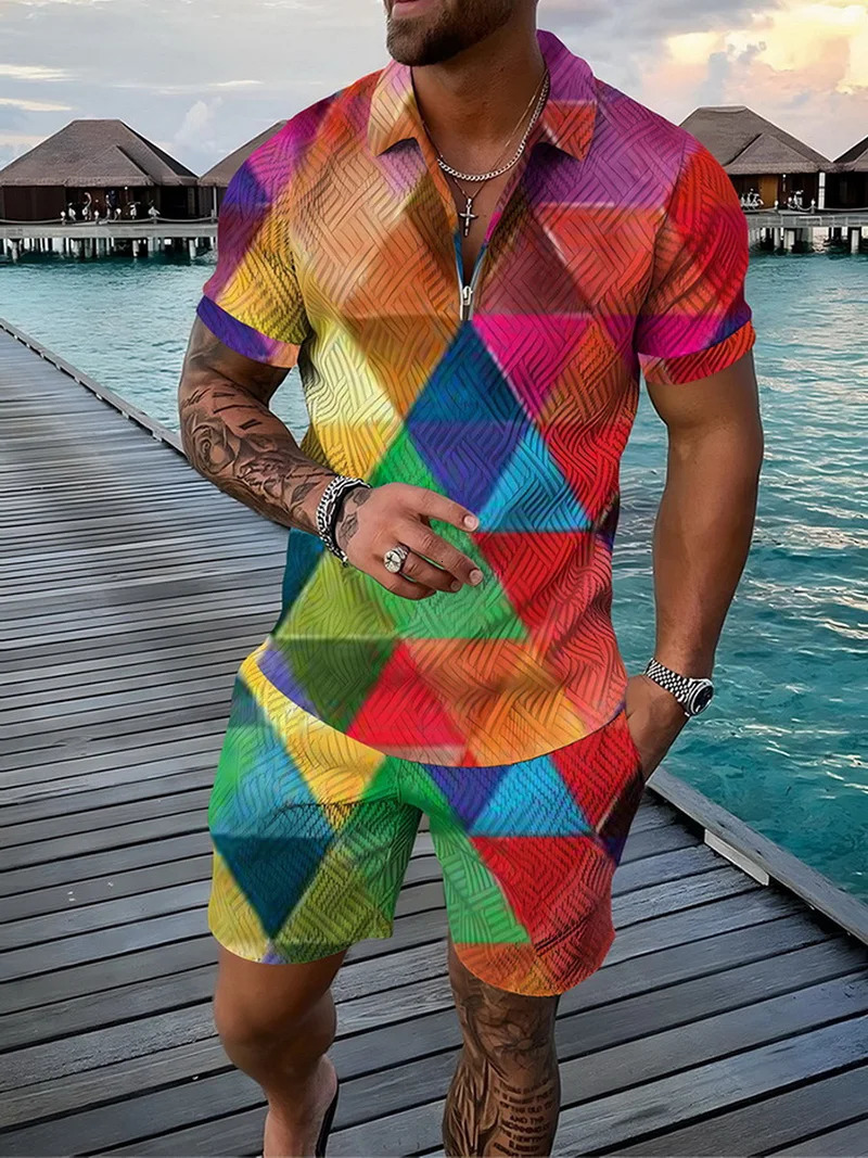 Color Squares Pattern 3D Print Mens Tracksuit Sets Casual Zipper Polo Shirt And Shorts 2pcs Sets Trend Streetwear Man Clothing 250517