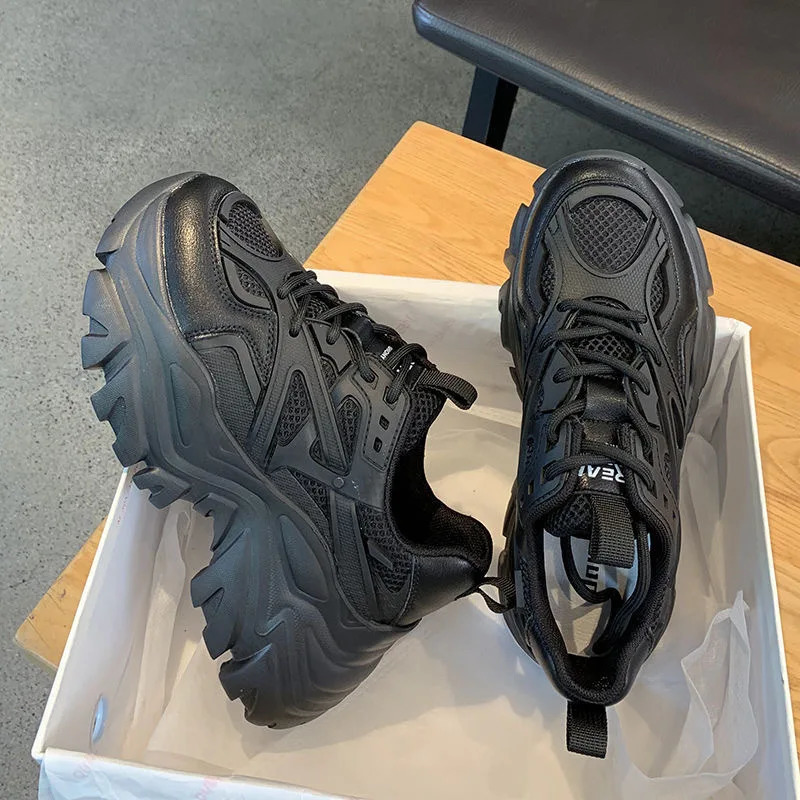 Women Fashion Platform Sport Shoes Women Summer Black Casual Chunky Sneakers Women Mesh Leather Platform Shoes 250515