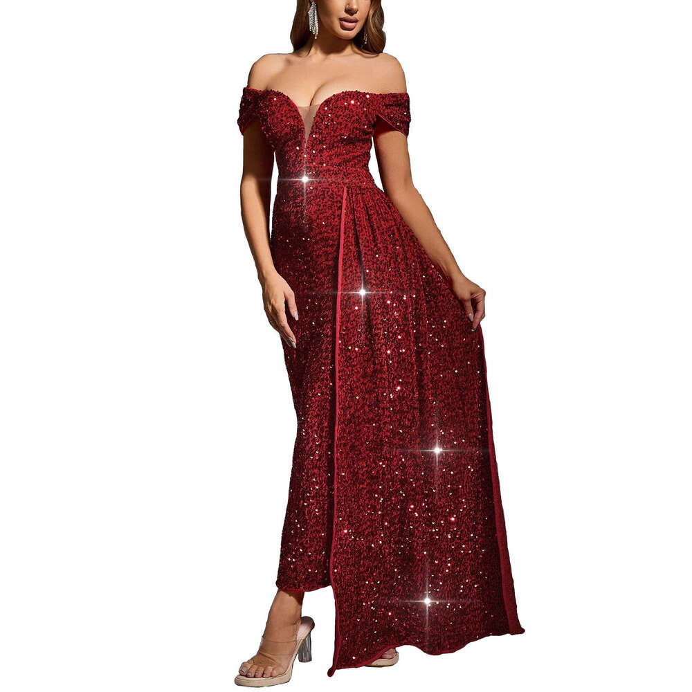 Maxi Dress OS New Women S Style Sexy Sequin One Shoulder Solid Color Sleeveless Dress Formai Dress