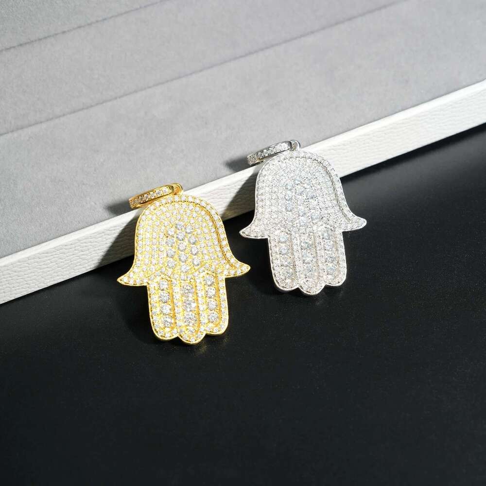Hiphop Iced Moissanite Dia Hamsa Hand Sterling Sier Fatima Good Luck Charm Pendant Plated 14K Gold Pass Tester