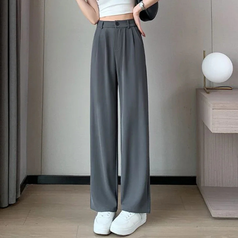 2025 Spring Summer Lady High Waisted Suit Fabric Pant Comfortable Straight Leg Trousers Girls Korean Concise Baggy Slacks 250506
