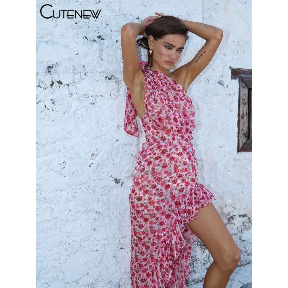 Cutenew Floral Print Women Midi Dresses Fashion Incline Shoulder Bandage Ruffle Splited Vestidos Female Vacation Street Bodycon