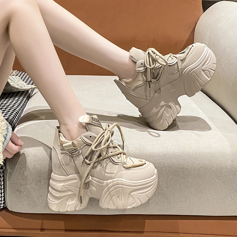 Women Walking Sneakers Autumn Lace-up High Platform Chunky Shoes Breathable Leather Shoes 10CM Winter Wedge Heels Casual Shoes 250515