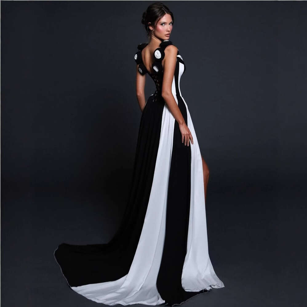 Maxi Dress New Bandage Dress Black And White Splicing V Neck High Slit Floor Length Skirt KQ