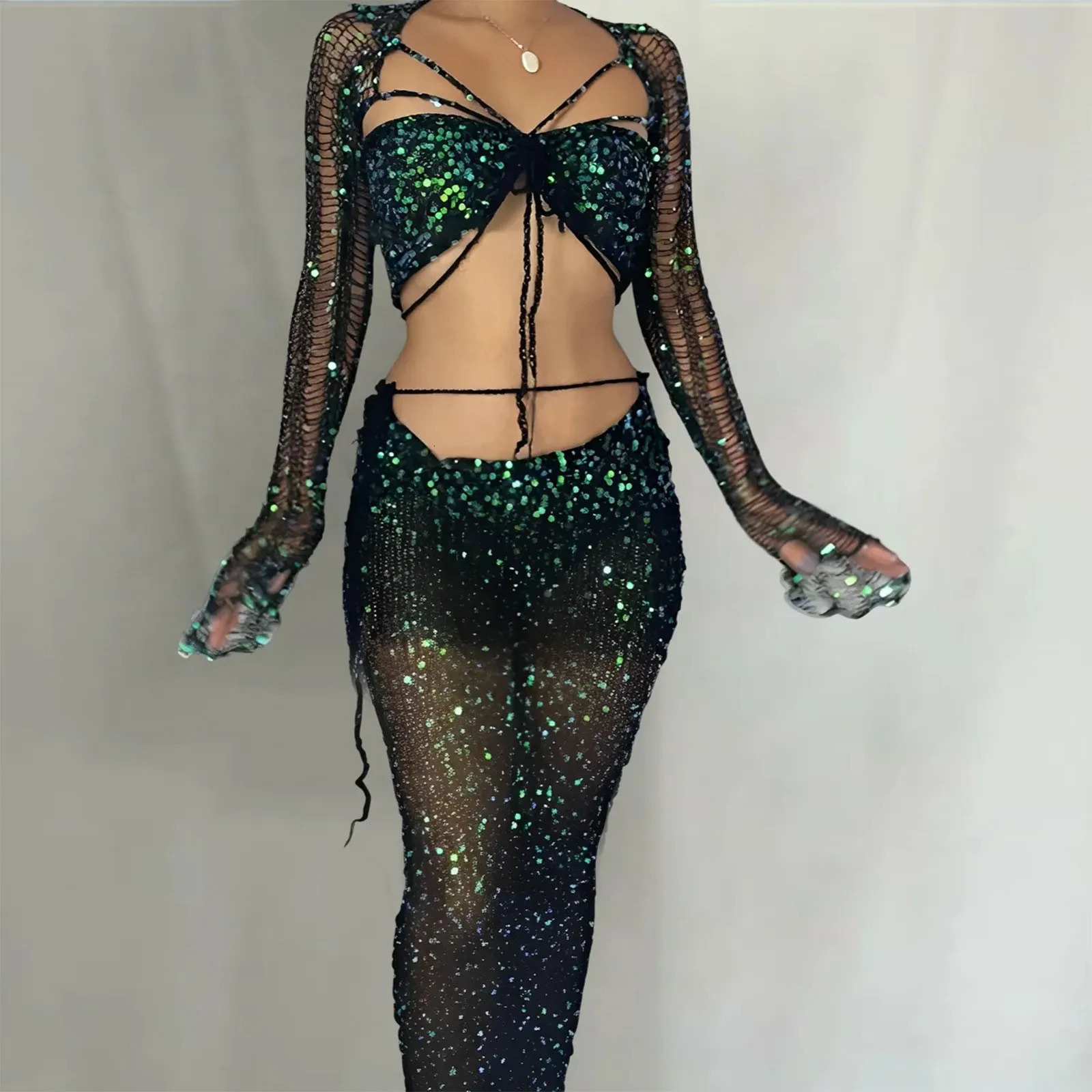 Sexy Sequins Knitted Skirt Sets Women Clothes Hollow Out Long Sleeve Crop Top And Skirt Two Piece Set Beach Vacation Outfits 250516