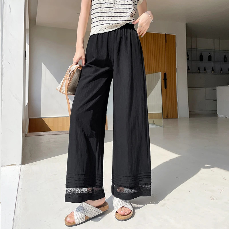 Spring and summer lace patch work womens wide leg ankle pants 2025 high waisted elegant straight loose 250506