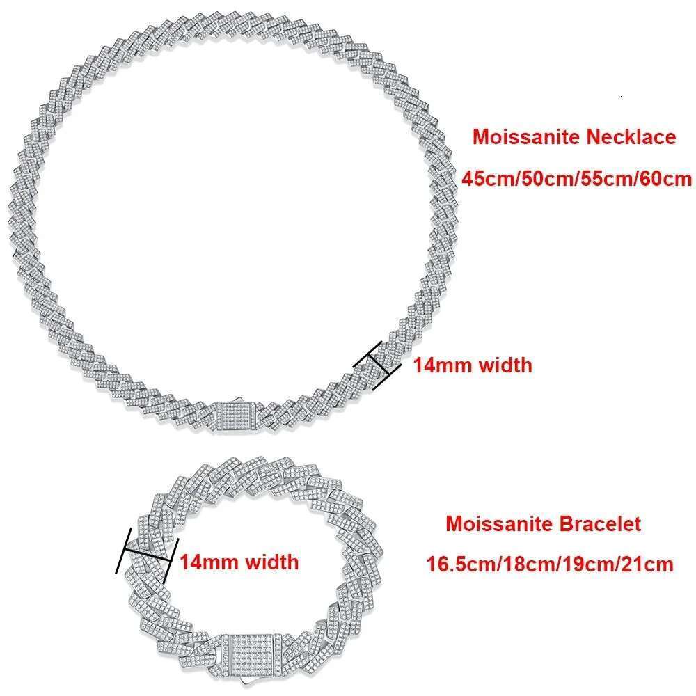 14mm D Color Full Moissanite Chain Necklace Bracelet for Men Women Sterling Sier Hiphop 2 Row Stone Cuban Jewelry