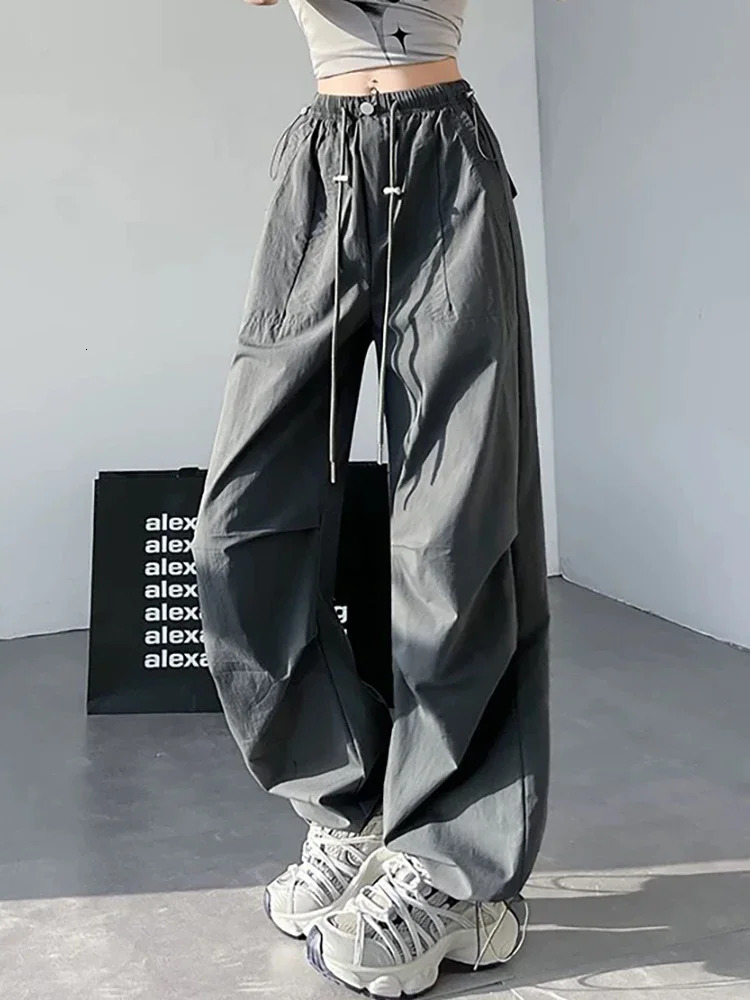 Womens Street Wear Elastic Waist Ice Silk QuickDrying Snug Sports StraightLeg Pants Summer Casual Loose WideLeg Cargo 250506
