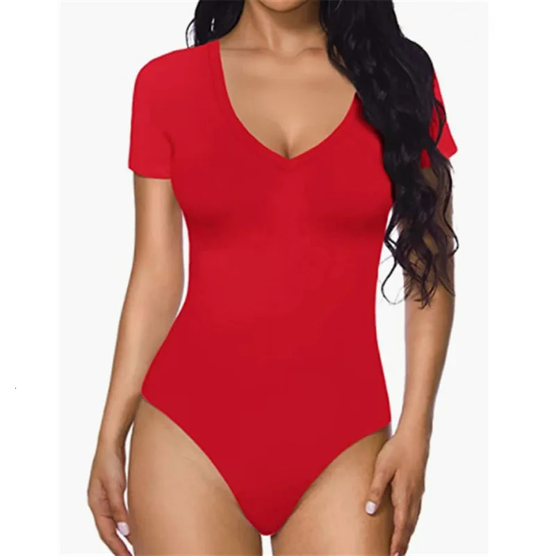 Bodysuit Women Sexy Slim Short Sleeve Bodycon Jumpsuit V Neck Rompers Overalls Body Shapers 2024 250517